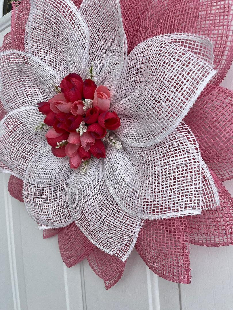 Spring Wreath – Pink Tulip Poly Burlap Petal Door Decor