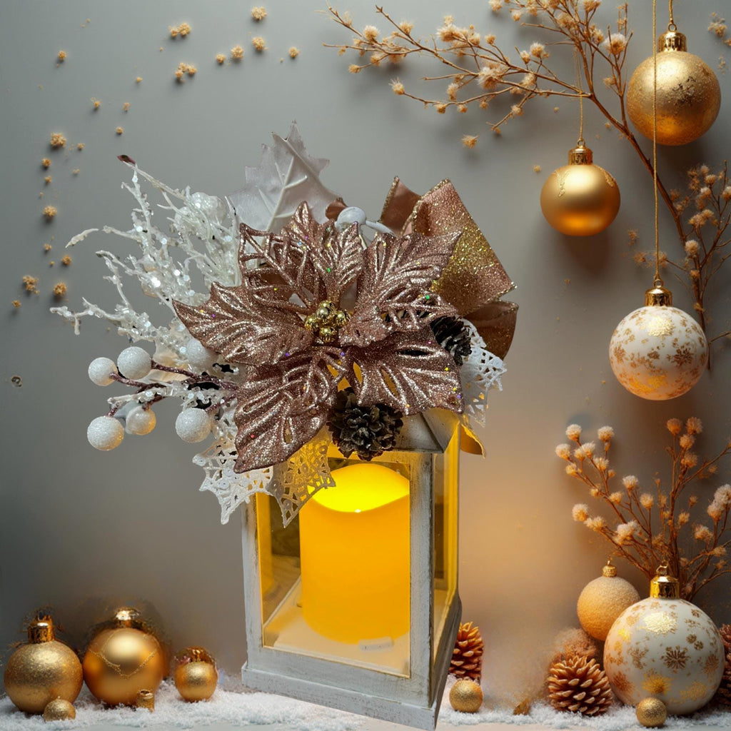 Christmas Decorated Flickering Candle Lantern – Pinkish Gold, White & Blush Holiday Décor