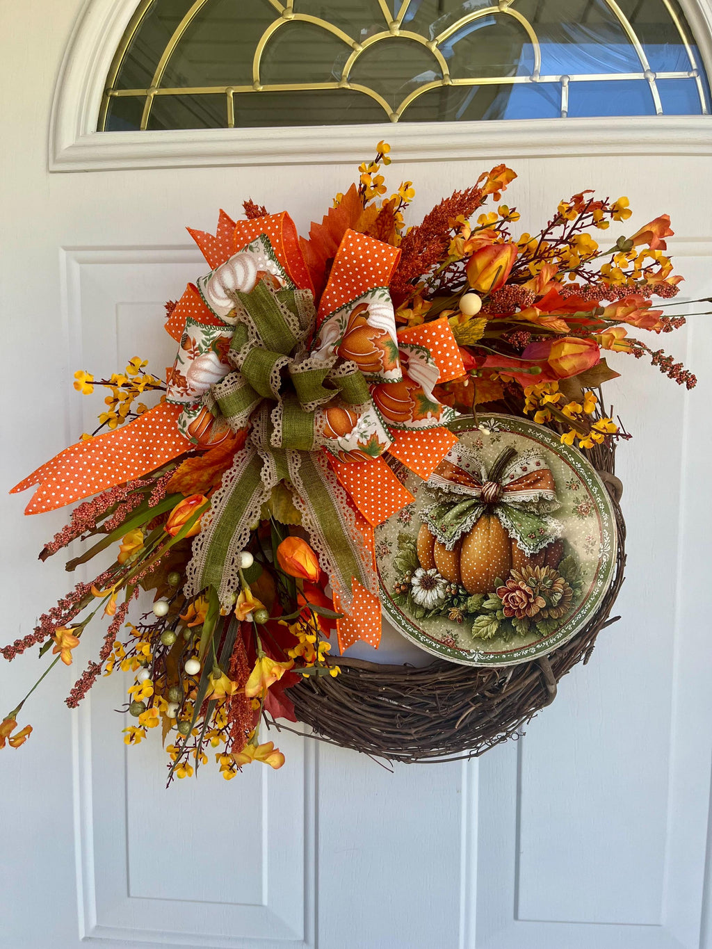 Handmade Fall Grapevine Wreath – 20 Inch Metal Pumpkin Sign, Orange & Rust Flowers, Autumn Front Door Decor