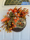 Handmade Fall Grapevine Wreath – 20 Inch Metal Pumpkin Sign, Orange & Rust Flowers, Autumn Front Door Decor