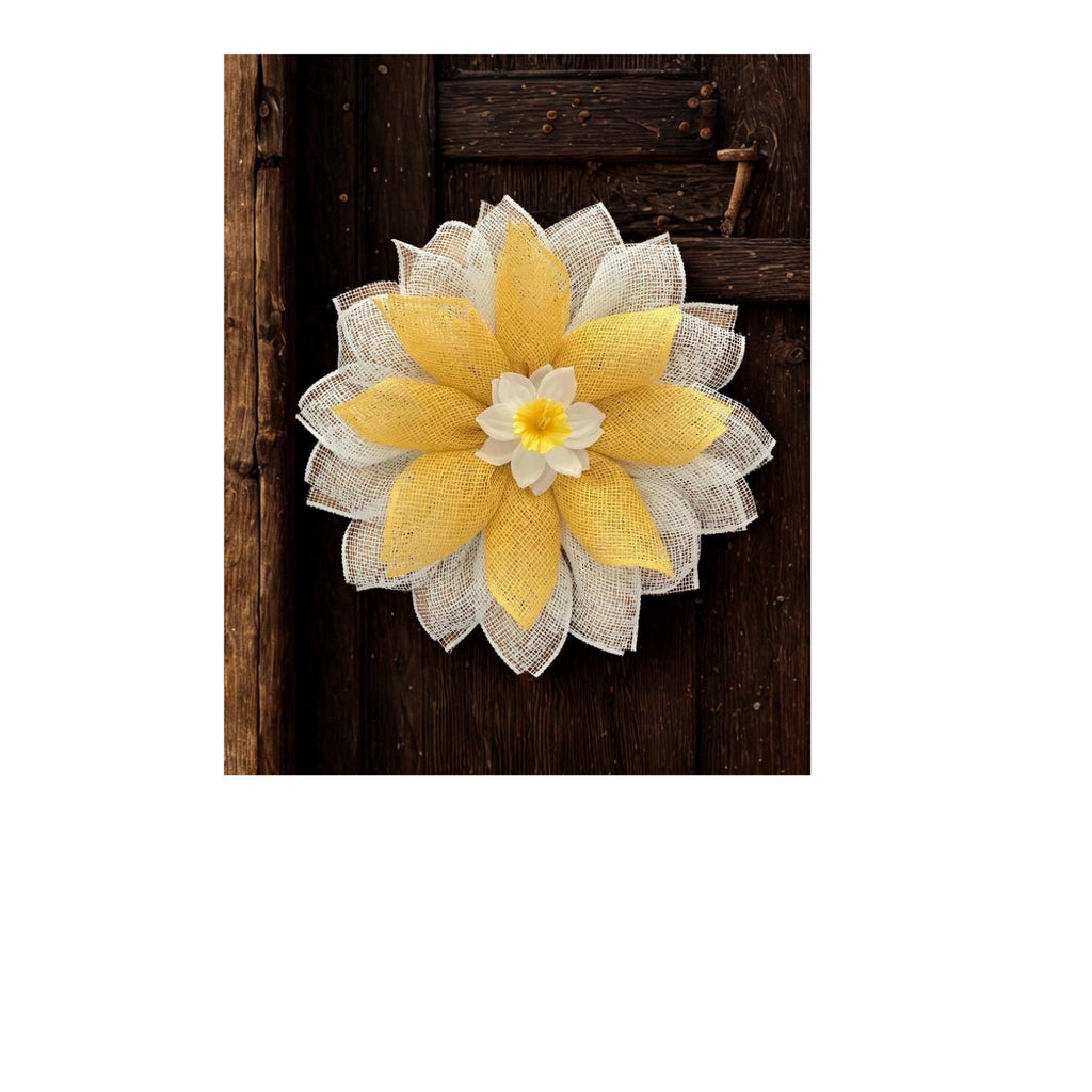 Daffodil Spring Wreath – Yellow & White Burlap Flower Door Décor