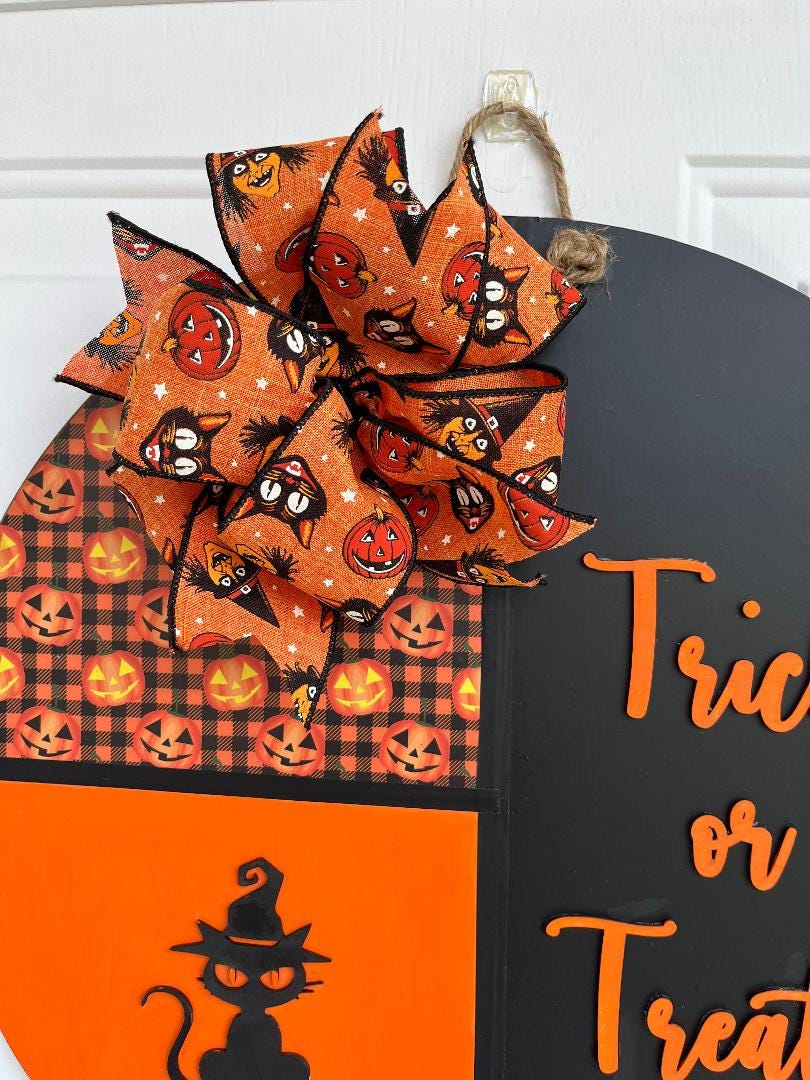 Halloween Door Hanger: Wood Trick or Treat Sign with Black Cat