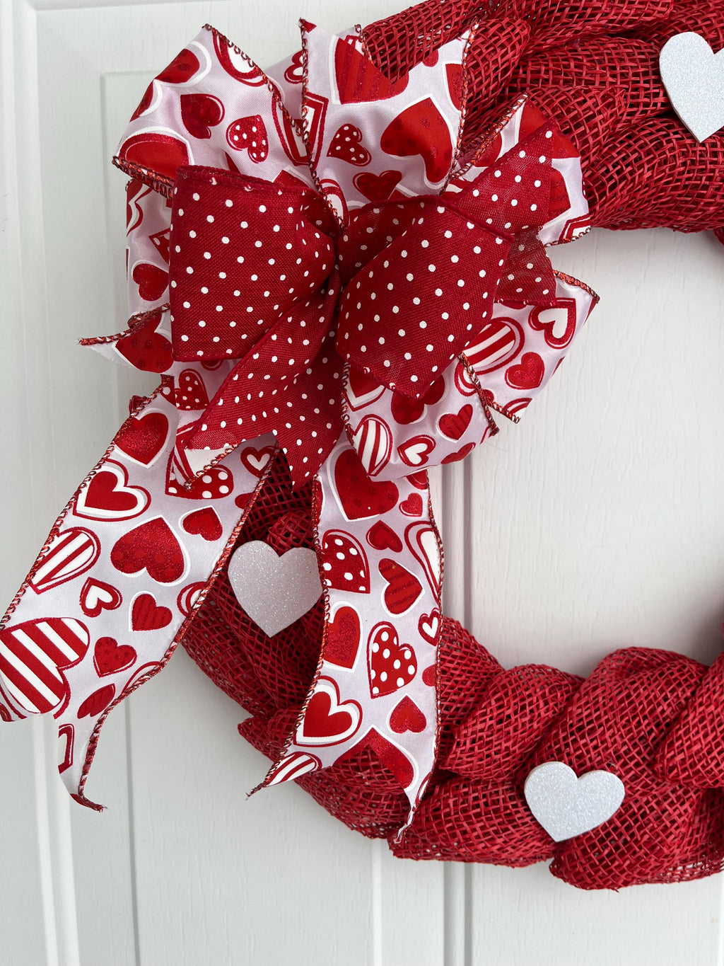 Valentine's Day Wreath – Red & White Petal Wreath with Glittery Hearts & Bow