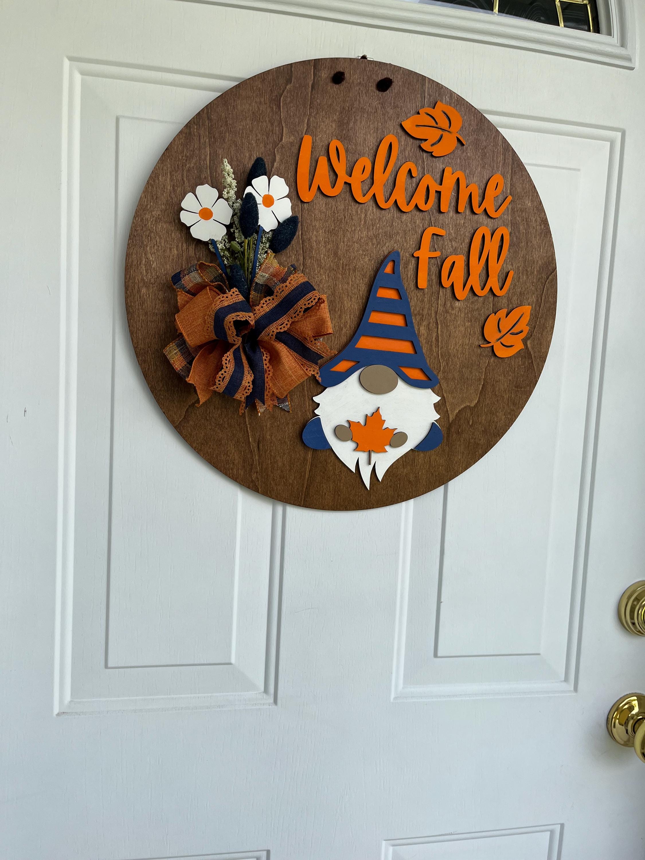 Handmade Welcome Fall Wood Door Hanger – Gnome, Fall Leaves & Flowers, Stained Plywood Sign