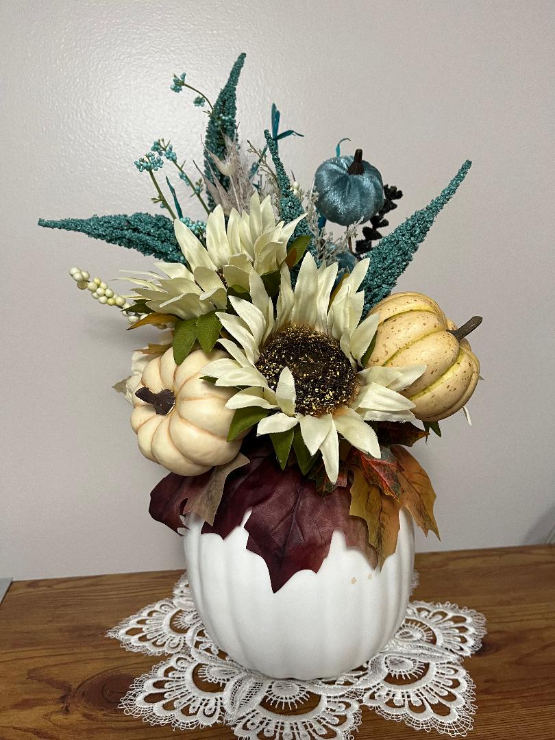Fall Pumpkin Centerpiece | Turquoise & Beige Faux Floral | Autumn Table Decor