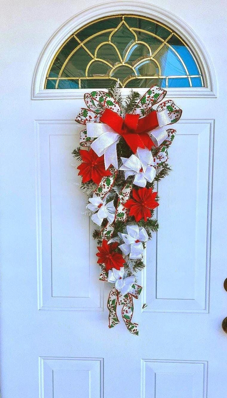 Christmas Door Swag: Red Poinsettia, White Bow Decor