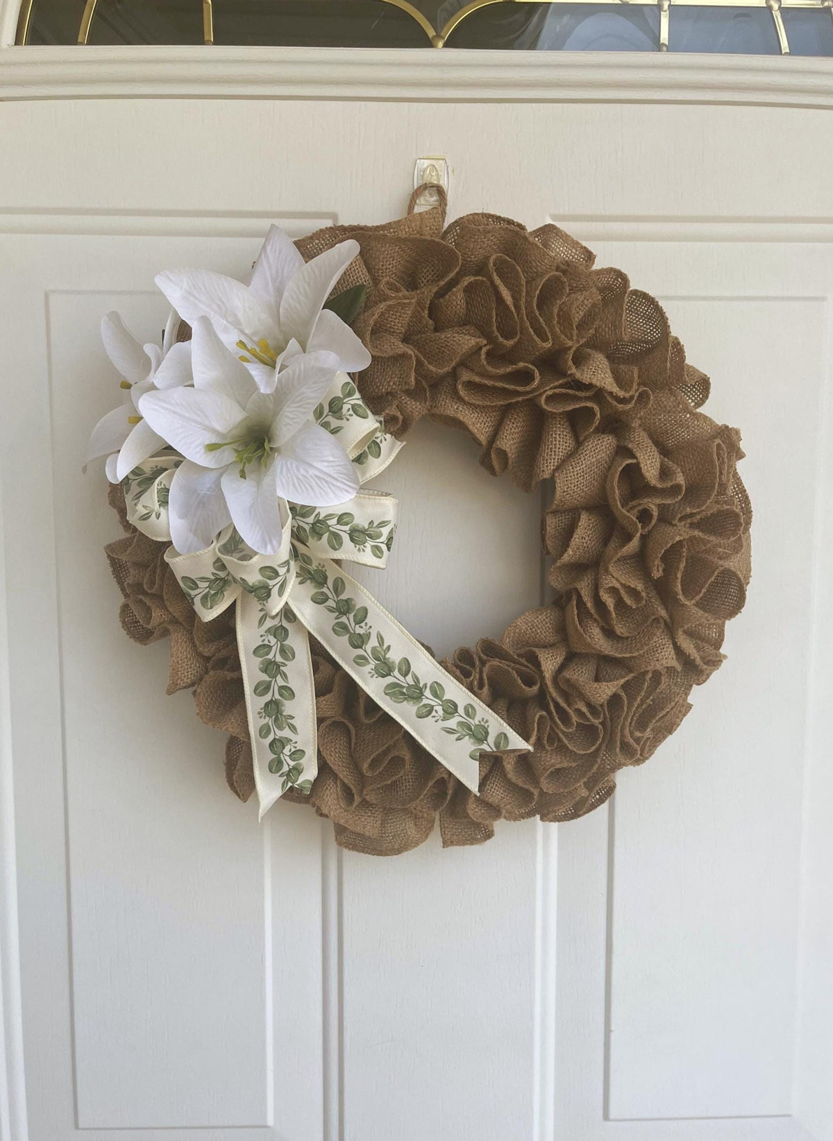 Ruffled Burlap Easter Wreath: White Lillies & Green Ribbon