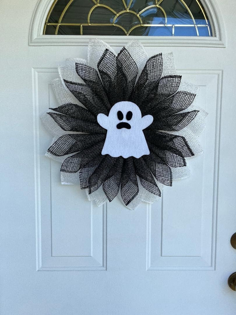 Halloween Ghost Wreath, Black & White Burlap, Spooky Front Door Decor