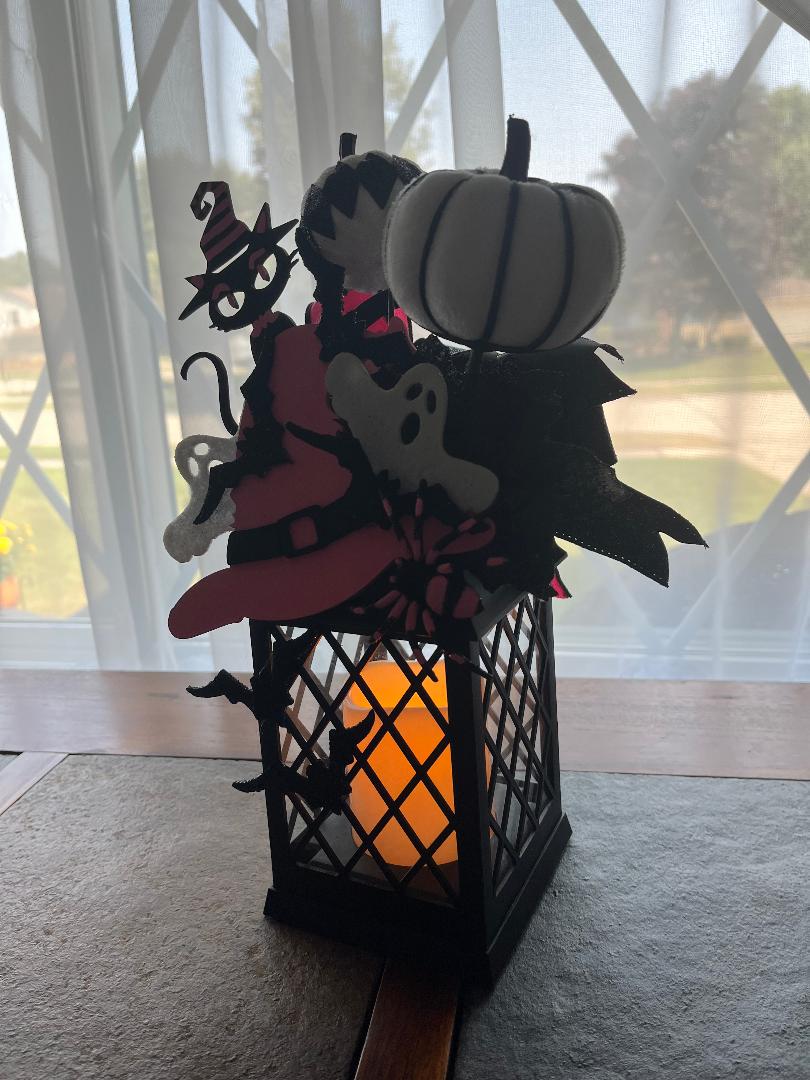 Decorated Halloween Lantern: Pink Witch Hat, Cat & Flameless Candle