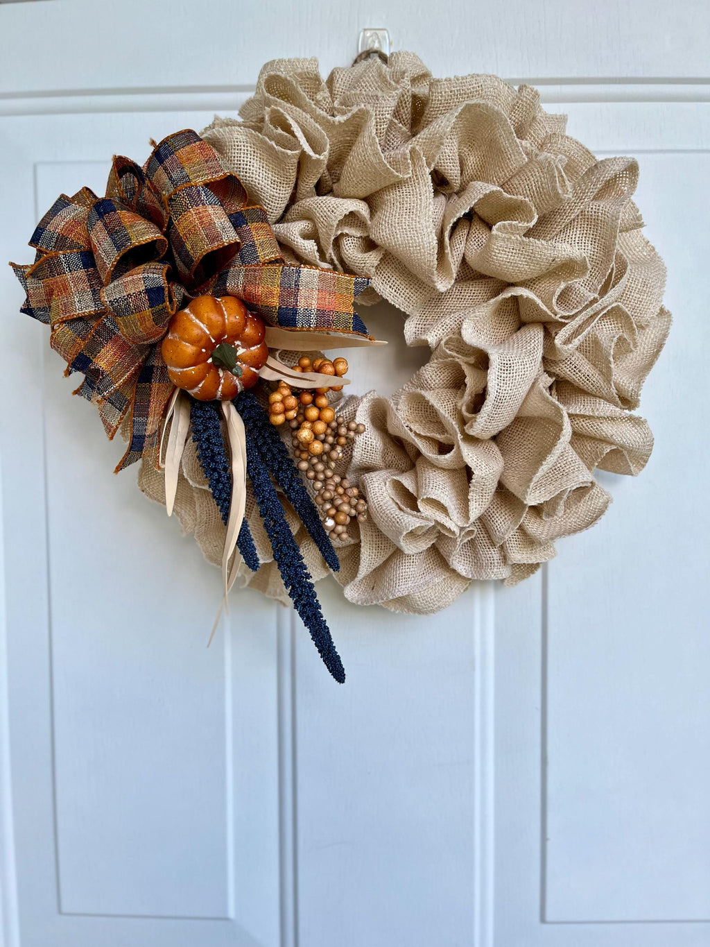 Fall Burlap Ruffled Wreath – Blue, Orange & White Ribbon with Berries, Pumpkin & Flowers