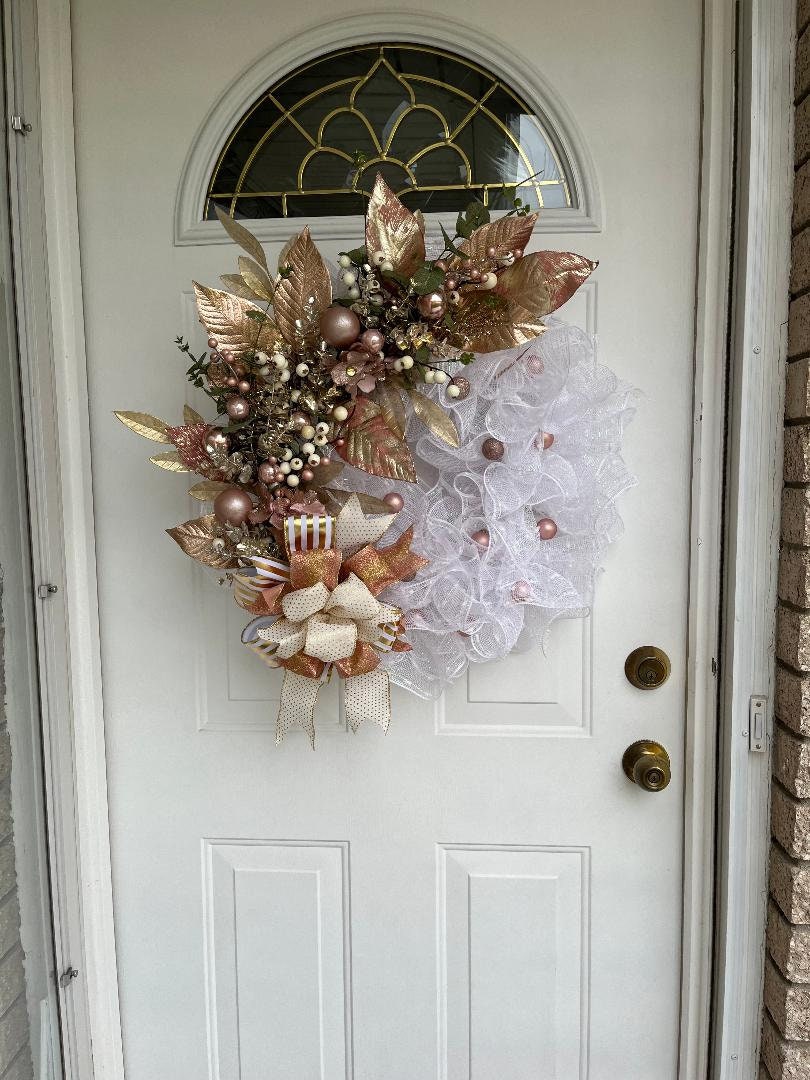 Christmas Wreath | Gold Berries, Gold Leaves & White Mesh | Holiday Door Decor