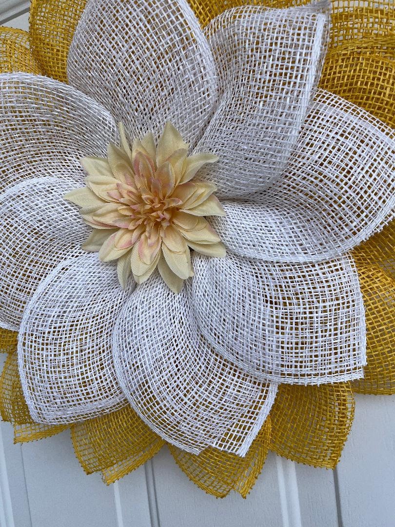 Handmade Yellow Dahlia Burlap Petal Wreath – 20" Spring & Summer Front Door Décor