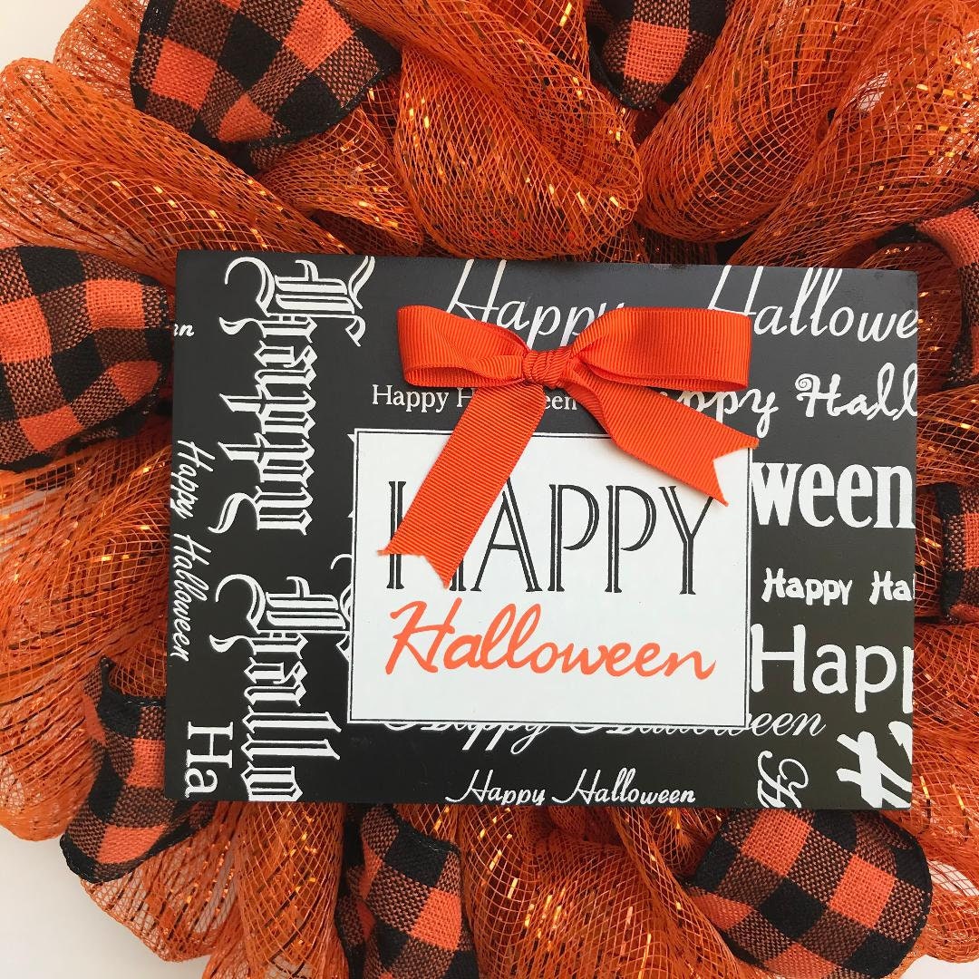 Halloween Mesh Door Wreath, Orange & Black Buffalo Ribbon, Happy Halloween Sign