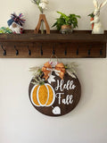 Fall door wood sign: Pumpkin & Leaves Decor, Hello Fall