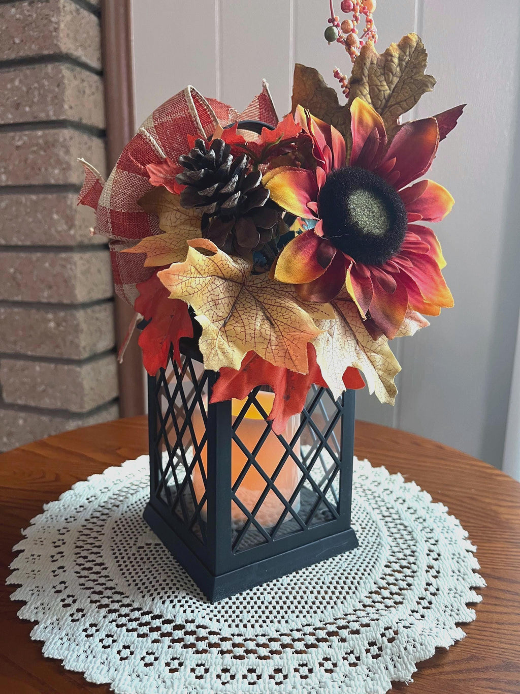 Fall Decorated Lantern: Faux Sunflower, Pine Cone, Flickering Light