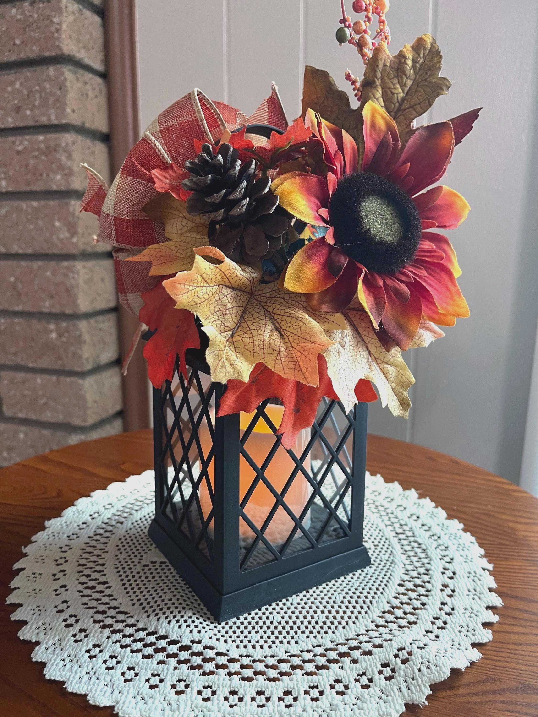 Fall Decorated Lantern: Faux Sunflower, Pine Cone, Flickering Light