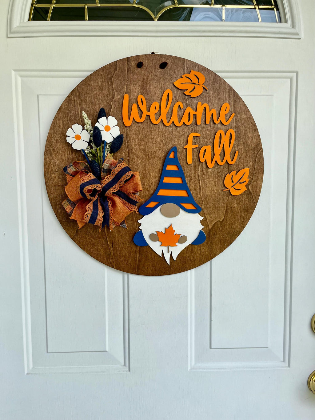 Handmade Welcome Fall Wood Door Hanger – Gnome, Fall Leaves & Flowers, Stained Plywood Sign