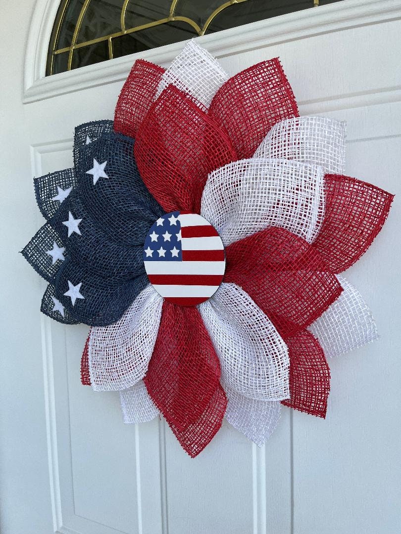 Handmade Patriotic American Flag Petal Wreath – 4th of July & Memorial Day Door Décor