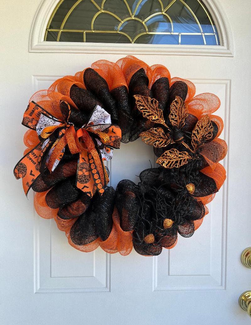 Large Handmade Halloween Deco Mesh Wreath – Orange & Black with Multicolor Bow, Front Door Decor