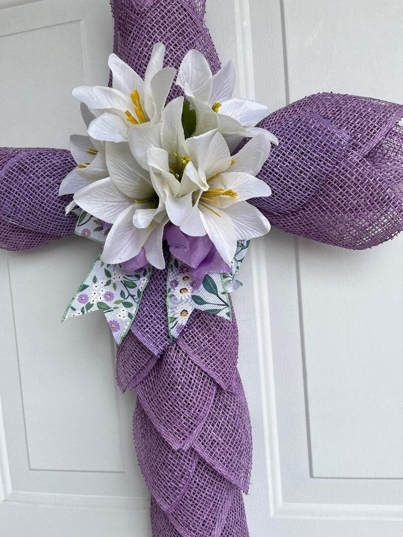 Handmade Easter Cross Wreath – Lavender Burlap, Silk Lilies & Religious Spring Décor