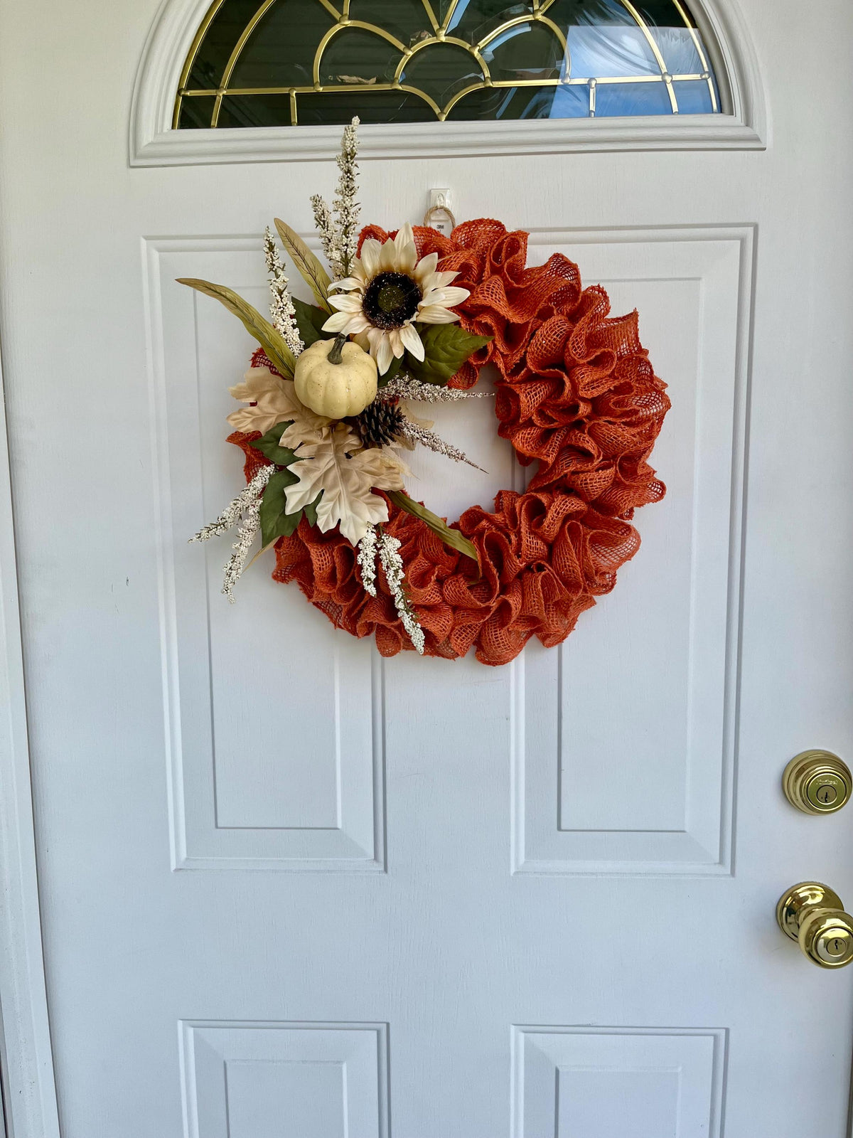 Ruffled burlap orange wreath, Rustic Autumn Door Decor