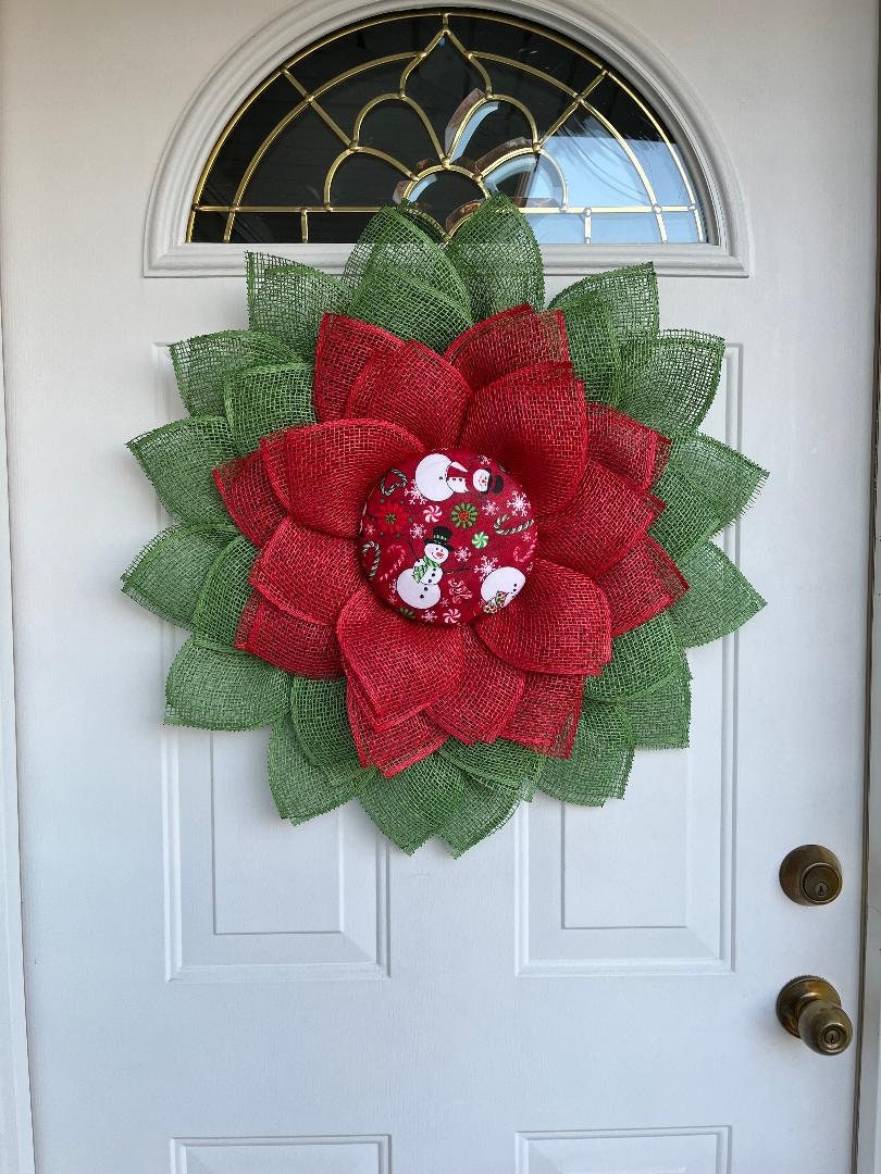Large petal Christmas door wreath,  snowman decor, red and green