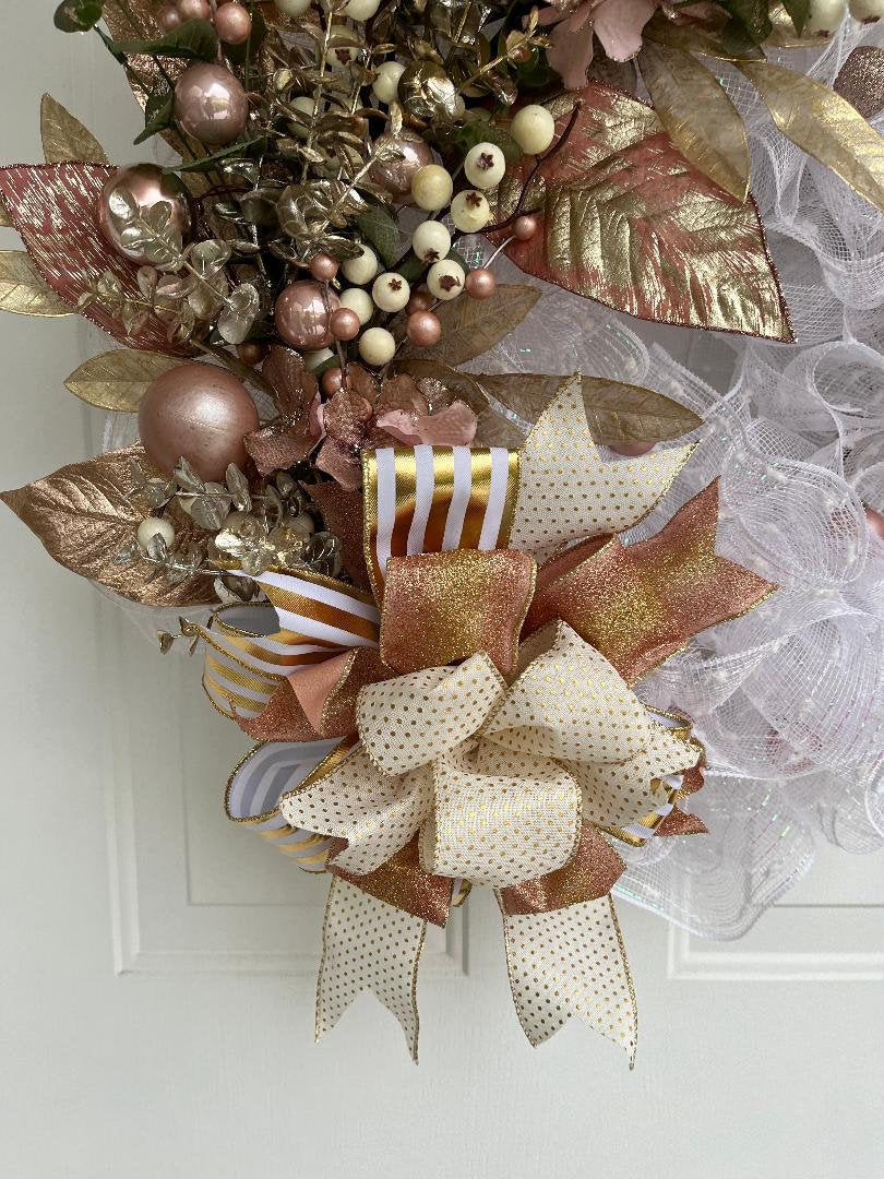 Christmas Wreath | Gold Berries, Gold Leaves & White Mesh | Holiday Door Decor