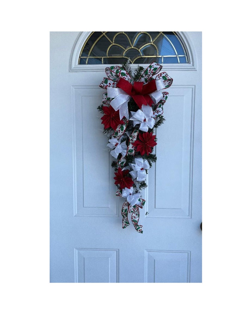 Christmas Door Swag: Red Poinsettia, White Bow Decor