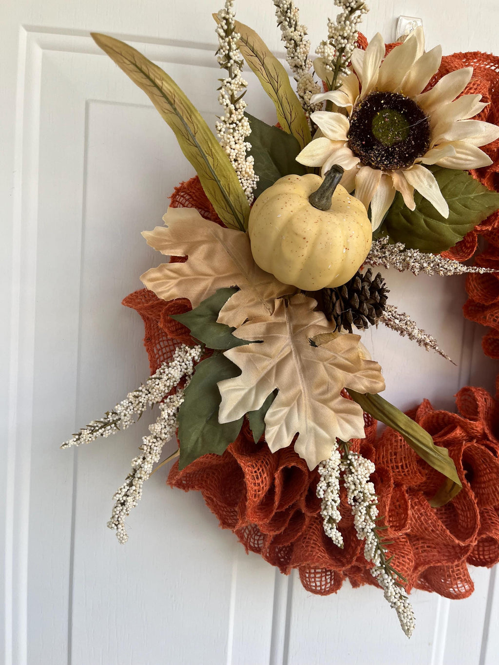 Ruffled burlap orange wreath, Rustic Autumn Door Decor