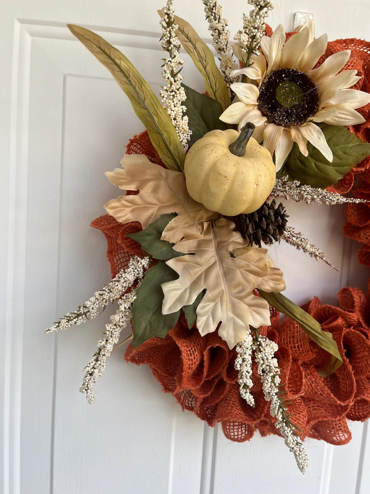 Ruffled burlap orange wreath, Rustic Autumn Door Decor
