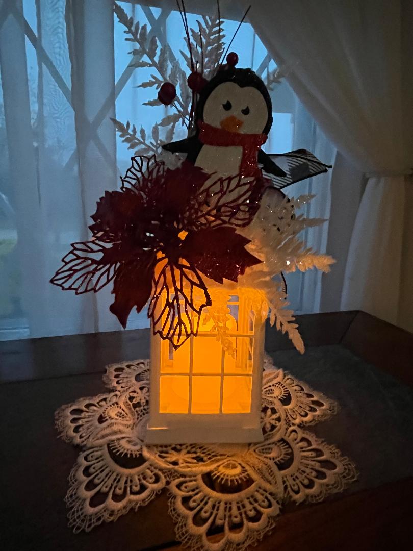 Christmas Lantern: Flickering Candle, Poinsettia Decor, penguin