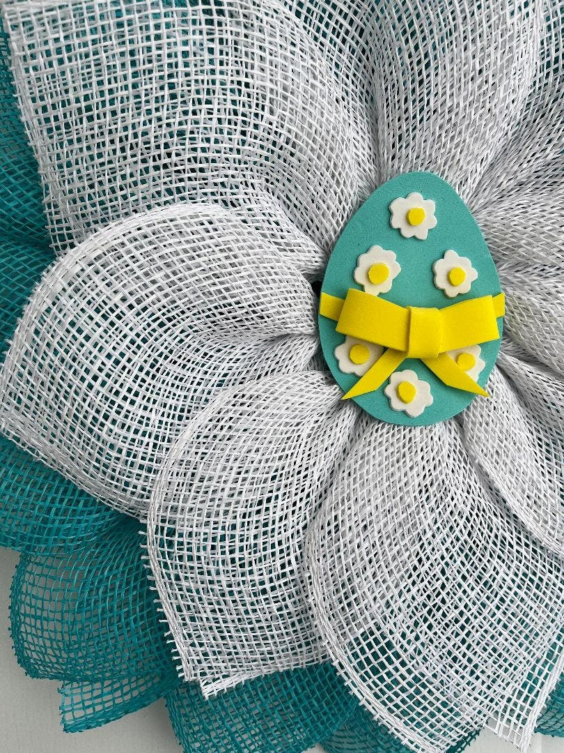 Handmade Turquoise Easter Egg Petal Wreath – Poly Burlap Spring Door Décor