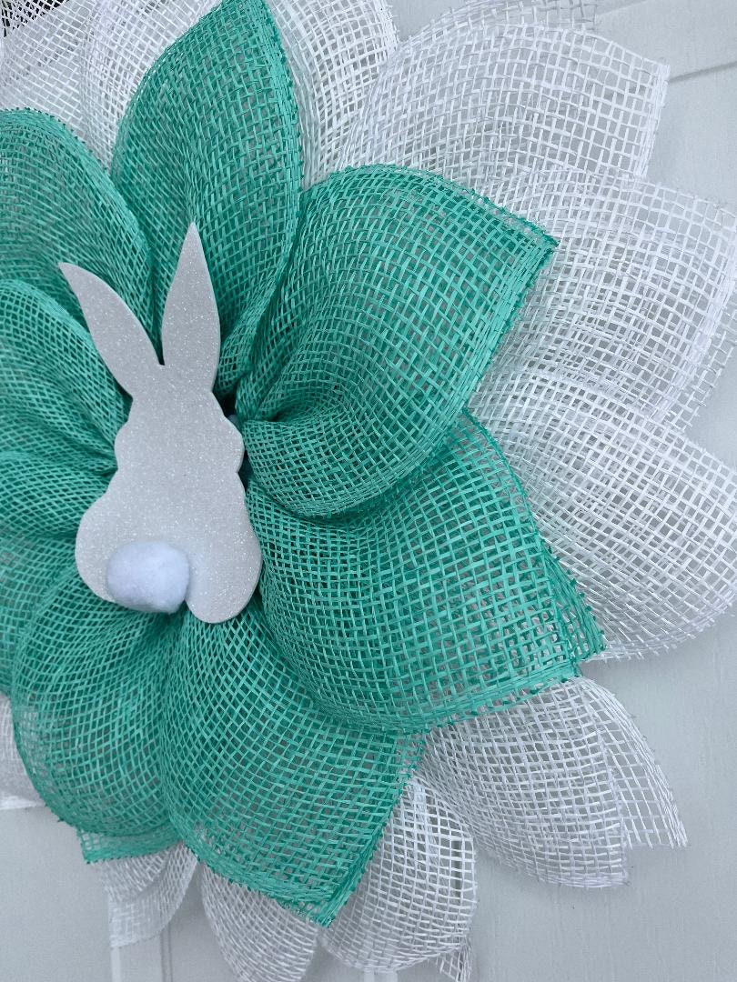 Handmade Easter Bunny Petal Wreath – Mint Green & White Burlap Door Décor
