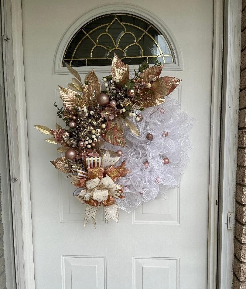 Christmas Wreath | Gold Berries, Gold Leaves & White Mesh | Holiday Door Decor