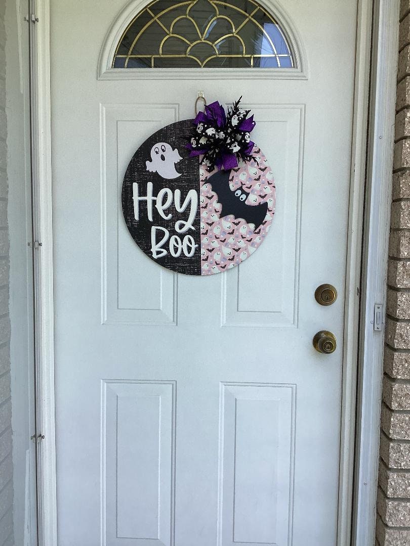 Handmade Halloween Wood Door Hanger – Hey Boo Ghost & Bat Birch Plywood Sign with Bow