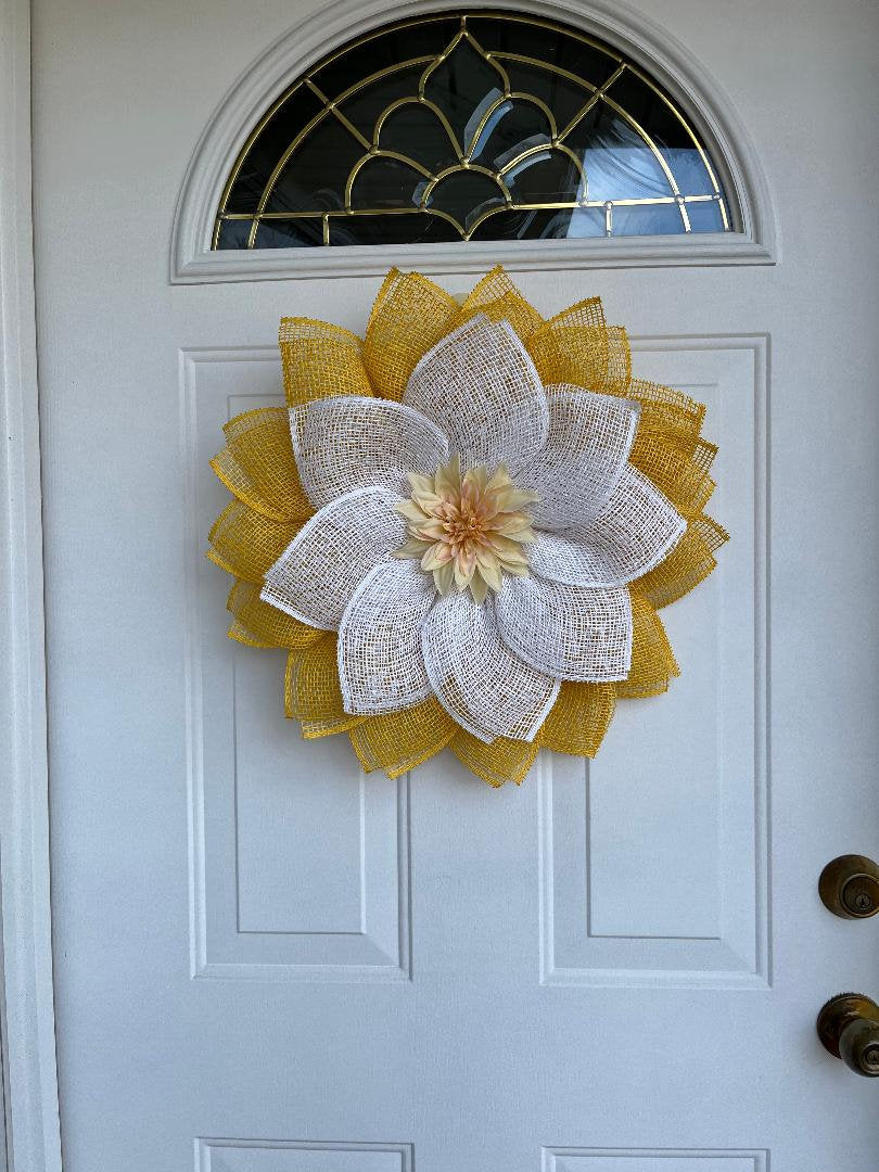 Handmade Yellow Dahlia Burlap Petal Wreath – 20" Spring & Summer Front Door Décor