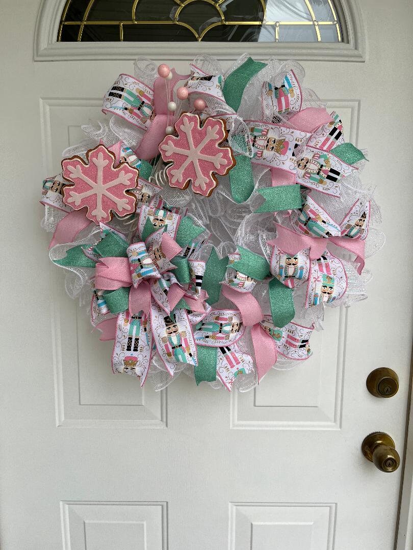 Snowflake Christmas Wreath, pink, turqoise, white wreath, bow with nutcracker soldier