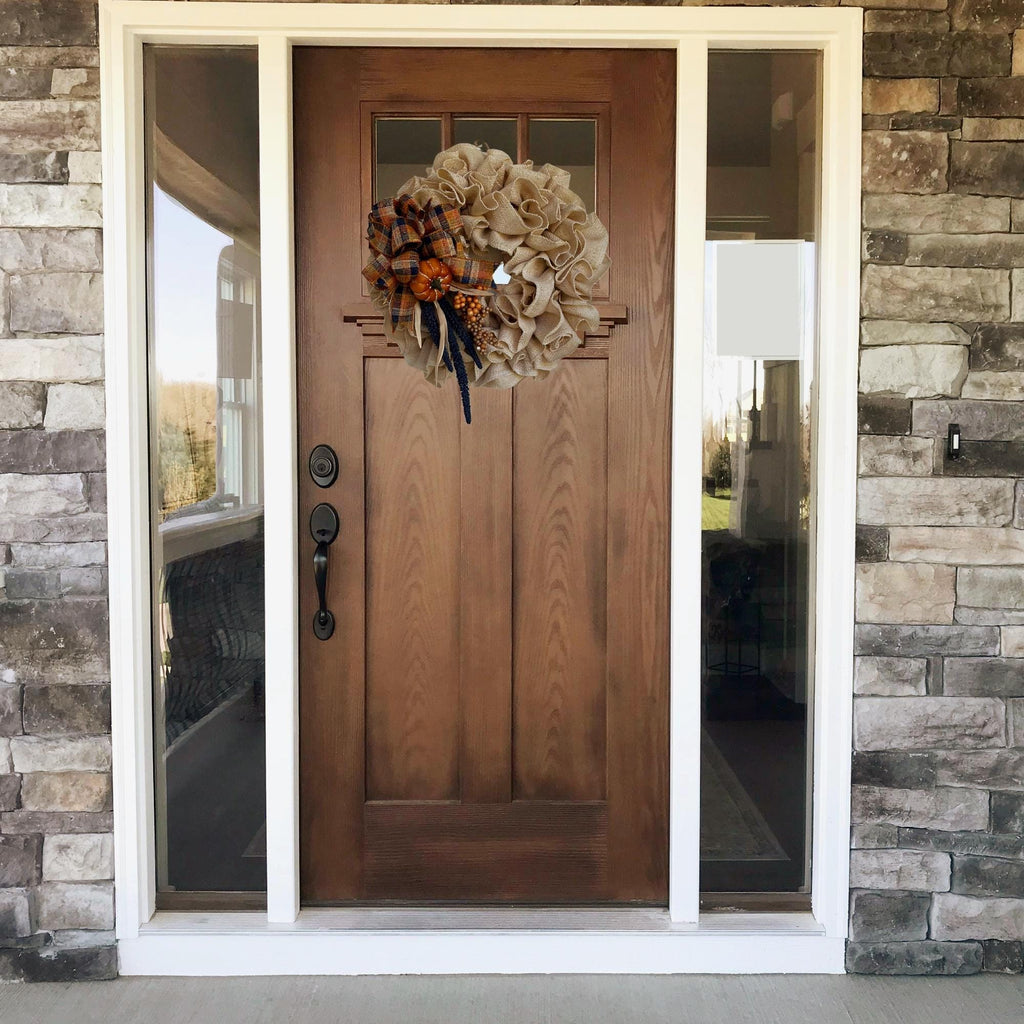 Fall Burlap Ruffled Wreath – Blue, Orange & White Ribbon with Berries, Pumpkin & Flowers