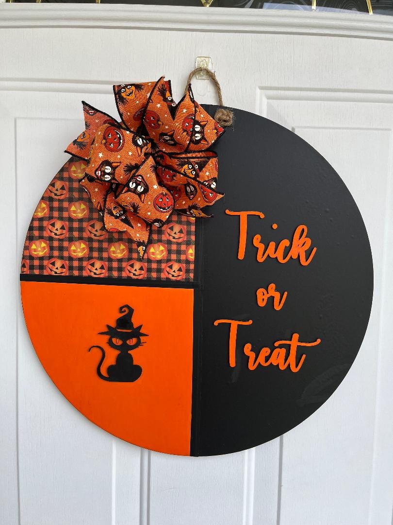 Halloween Door Hanger: Wood Trick or Treat Sign with Black Cat