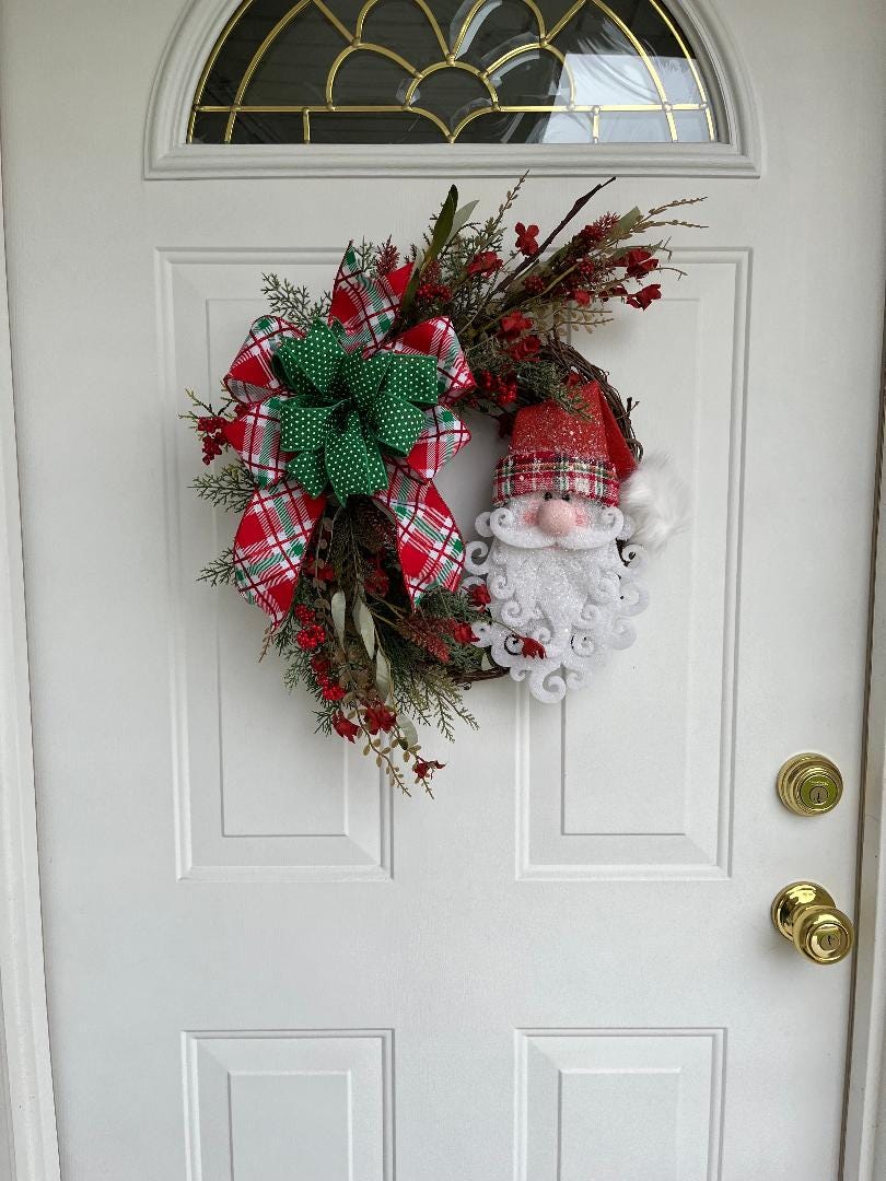 Handmade Santa Face Christmas Door Wreath – Faux Greenery, Holly Berries & Festive Bow