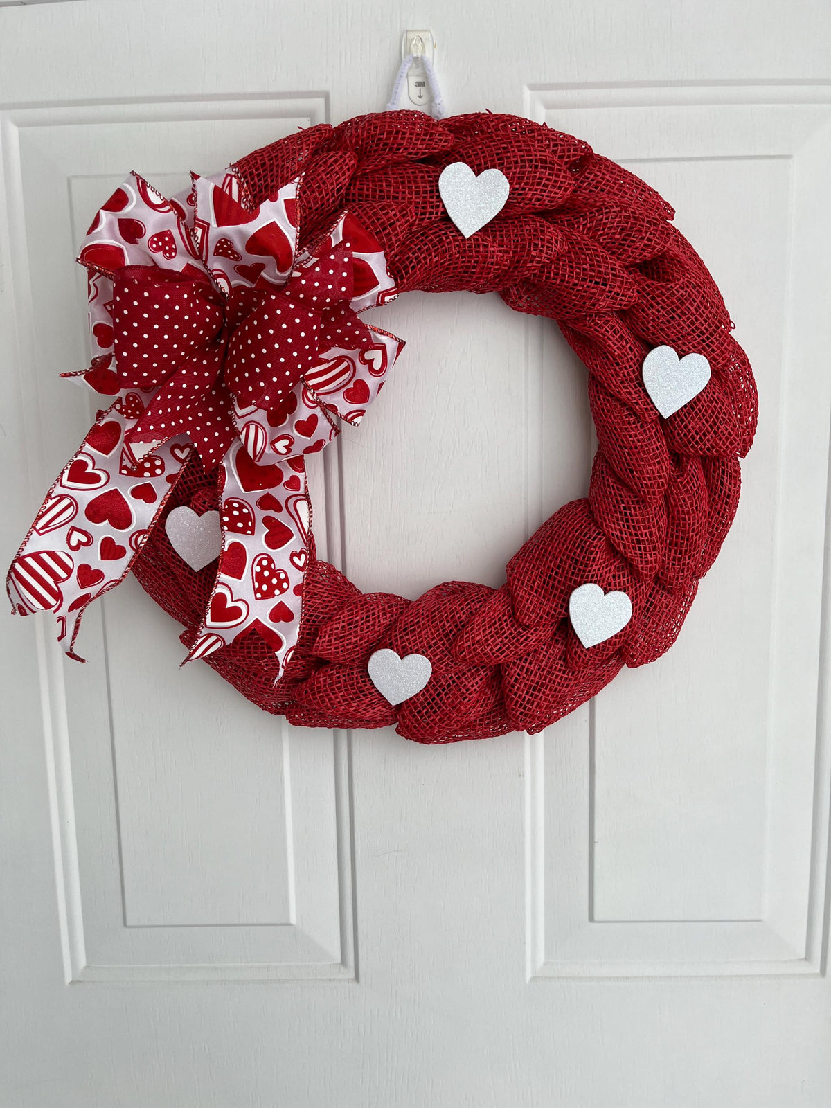 Valentine's Day Wreath – Red & White Petal Wreath with Glittery Hearts & Bow