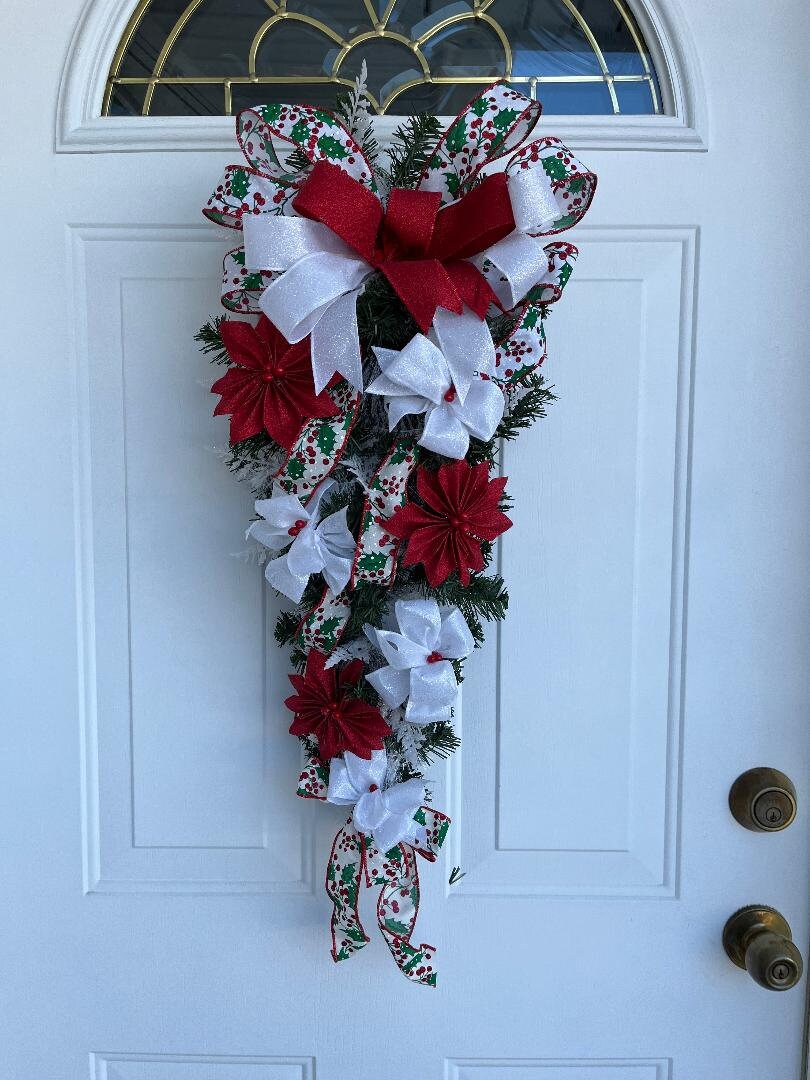 Christmas Door Swag: Red Poinsettia, White Bow Decor