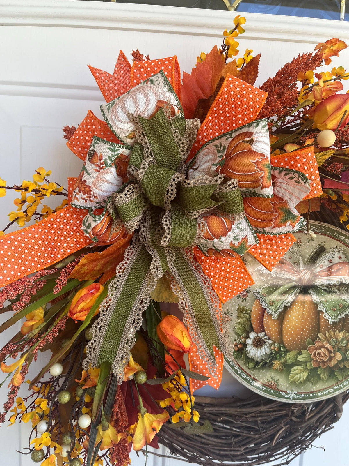 Handmade Fall Grapevine Wreath – 20 Inch Metal Pumpkin Sign, Orange & Rust Flowers, Autumn Front Door Decor