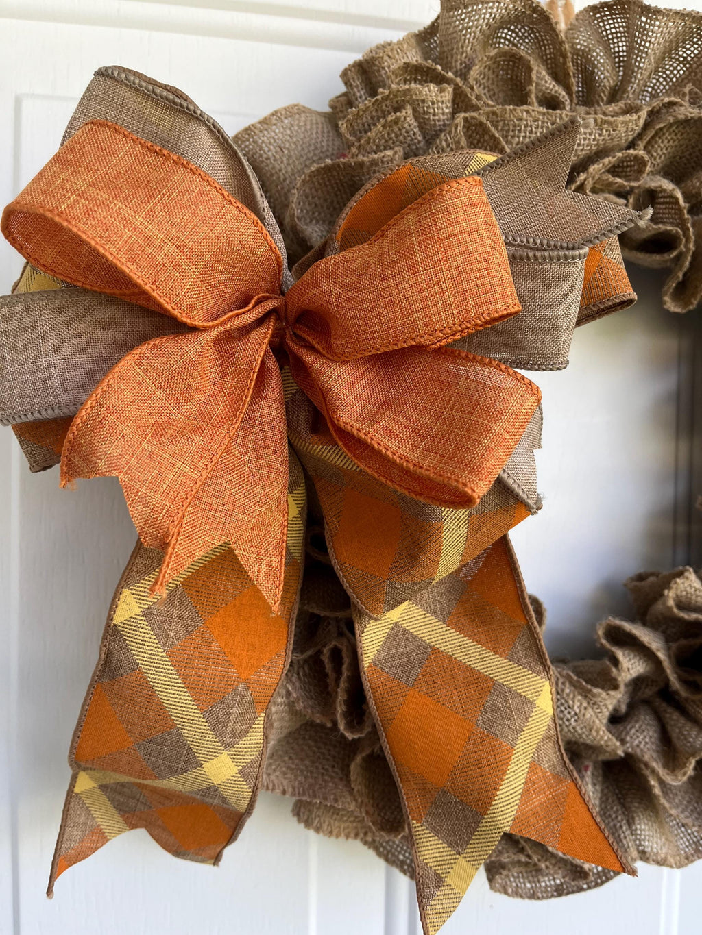 Fall Burlap Door Wreath | Orange & Beige Bow | Rustic Autumn Door Decor