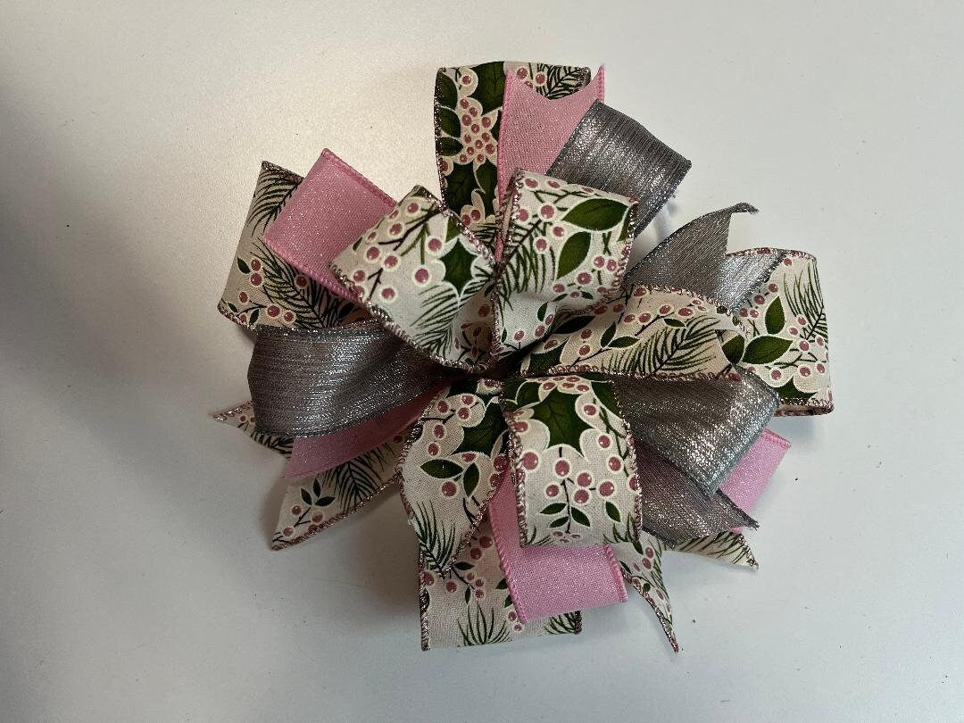Handmade Pink & Silver Christmas Bow – Wreath, Lantern Topper & Gift Decoration