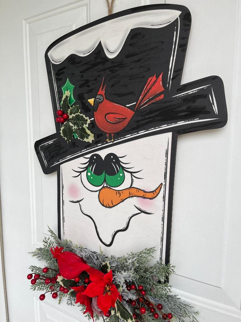 Snowman Christmas Door Sign: Holiday Cardinal Winter Decor