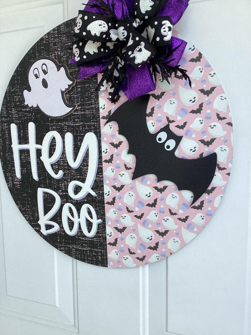 Handmade Halloween Wood Door Hanger – Hey Boo Ghost & Bat Birch Plywood Sign with Bow