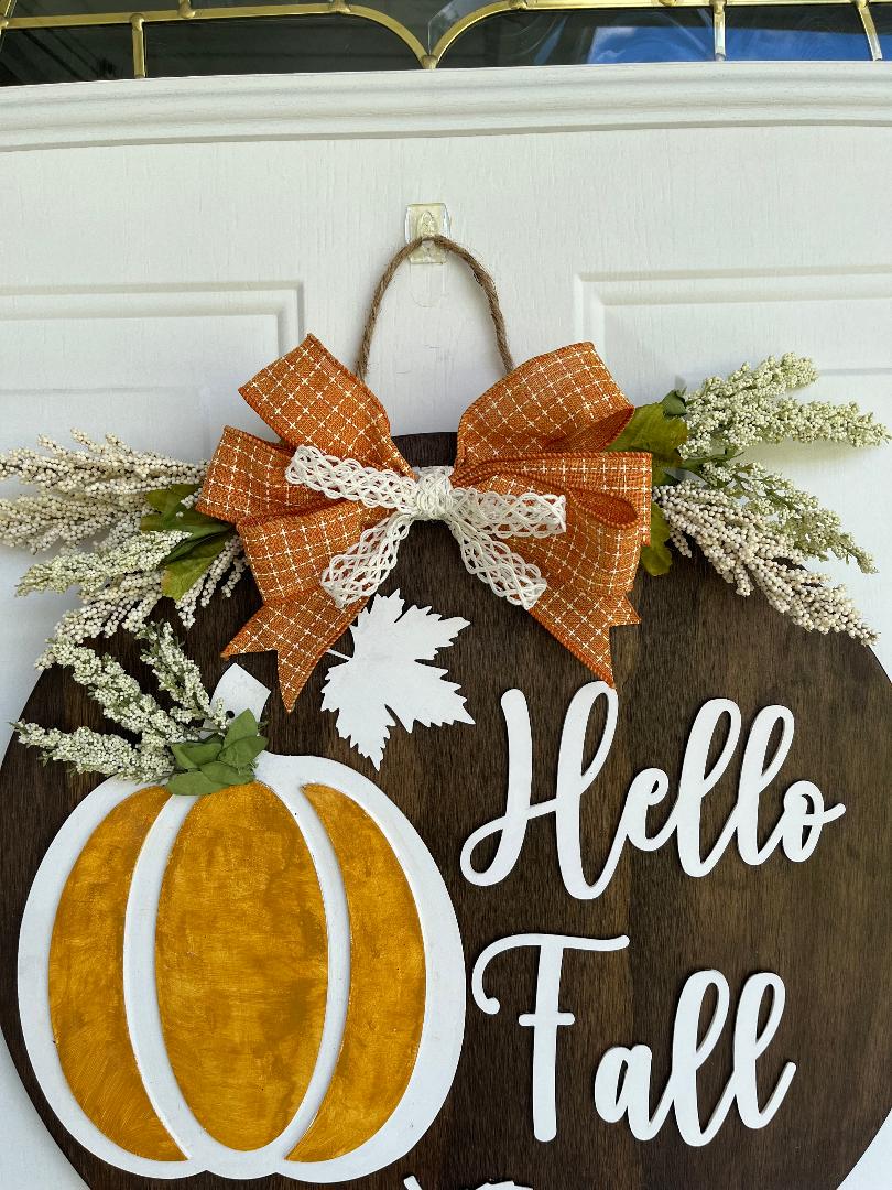 Fall door wood sign: Pumpkin & Leaves Decor, Hello Fall