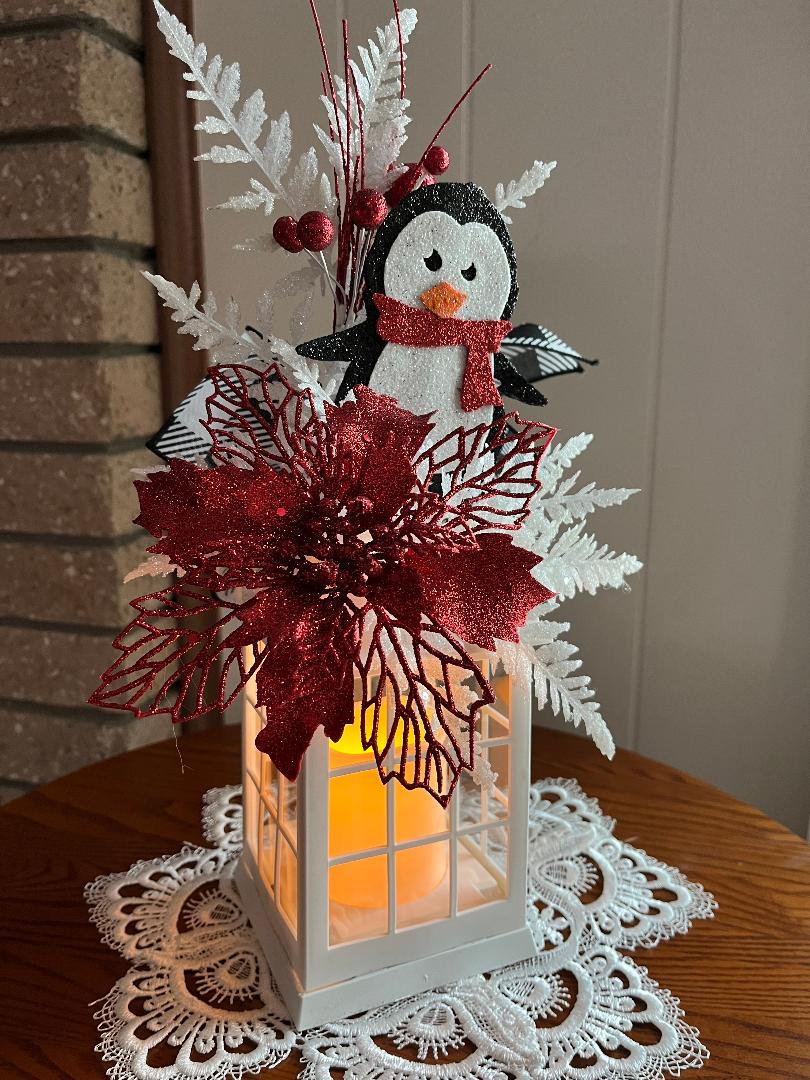 Christmas Lantern: Flickering Candle, Poinsettia Decor, penguin