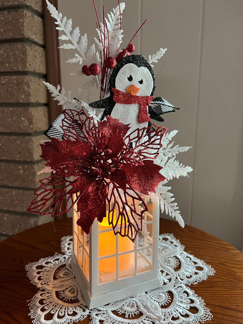 Christmas Lantern: Flickering Candle, Poinsettia Decor, penguin